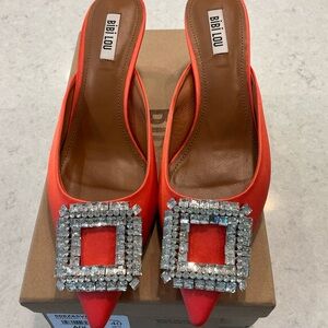 BiBiLou Coral Red Pointed Toe Mules with Crystal Buckle size 40